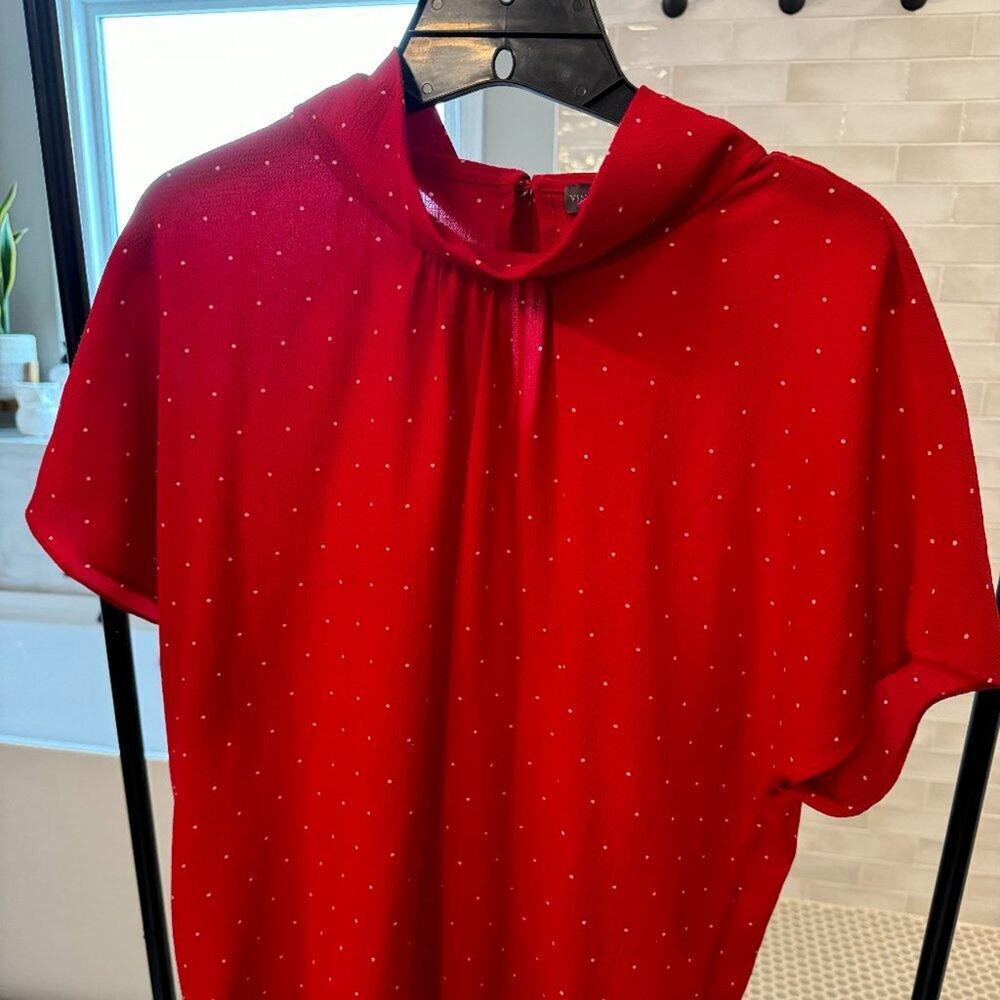 Vince Camuto Red Polka Dot Mock Neck Blouse | Women's Size Petite Large - Picture 5 of 5